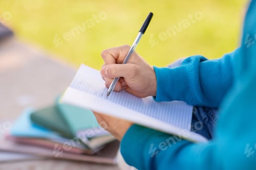Preview: Closeup of notebook in student guy's hands taking notes outdoors