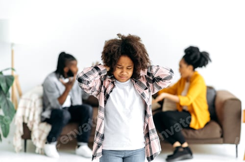 Preview: Difficulties in the family, conflict. An African American unhappy preschool girl closed eyes and