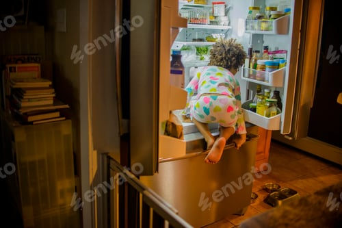 Preview: Rear view of girl sneaking food and drink from the refrigerator at night
