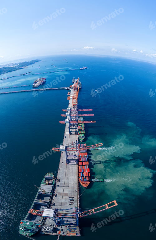 Preview: Tug boat pulling Cargo container ship go to international yard port.