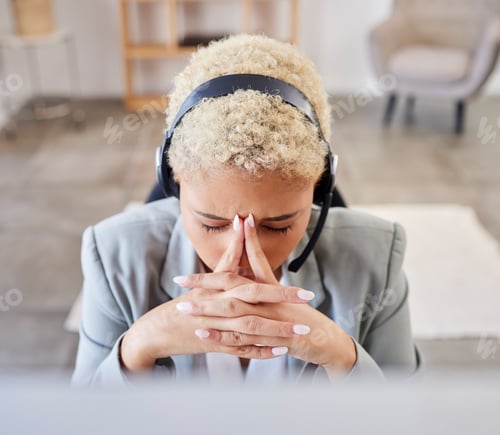 Preview: Black woman, stress headache and telemarketing in call center office for crm contact us and custome