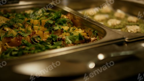 Preview: Tasty buffet food setting for hotel guests lunch in self-service cafe closeup