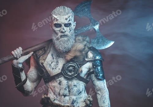 Preview: Scary pale skinned warrior with axe in smokey background