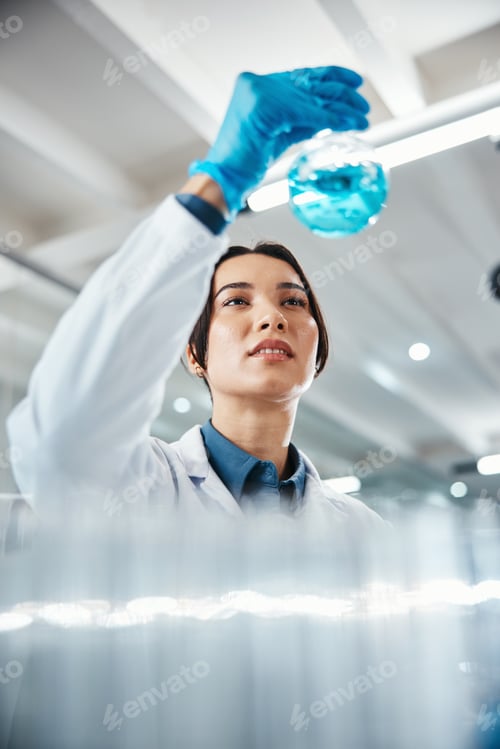 Preview: Chemical, reaction and science with woman in laboratory for breakthrough, innovation or research. B