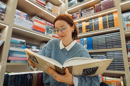 Preview: Young woman enjoying a classic book in a cozy bookstore