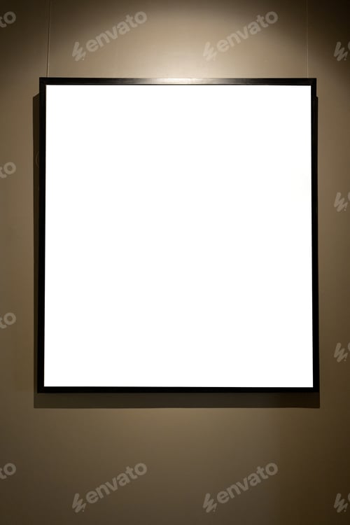 Preview: Blank picture frames on brown wall with glowing lamp, mock up