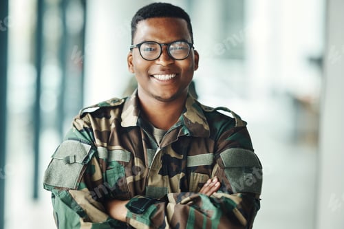 Preview: Portrait of soldier with smile, confidence and pride at army building, arms crossed and happy profe