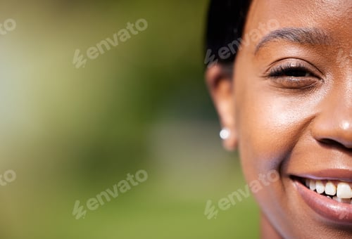 Preview: Half face, smile and black woman in nature on mockup space outdoor. Portrait, happy and natural Afr