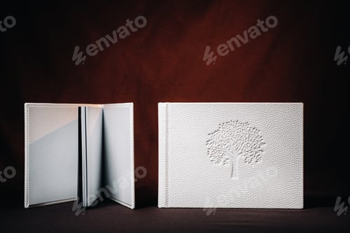 Preview: Composition of photo books in natural white leather of different sizes. The white paper on a dark