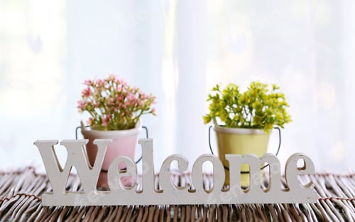 Preview: Flower potted plant decoration with white wooden "welcome" word on table indoor blur white curtain