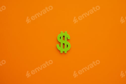 Preview: American dollar symbol on orange background. Green money flatlay