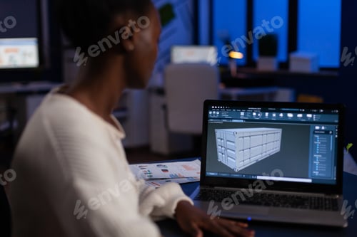 Preview: African american design arhitect working in 3D software developing prototype container idea