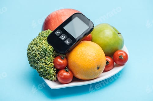 Preview: glucometer on plate with vegetables and fruits on blue background