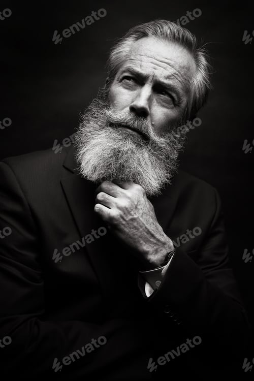 Vorschau: reifes männliches Model im Anzug mit grauer Frisur und Bart