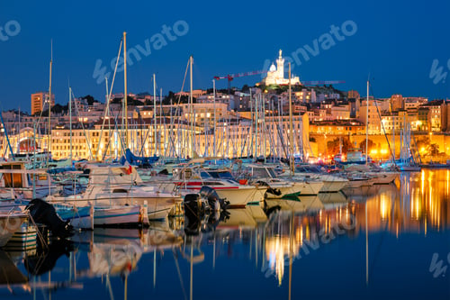 Preview: Marseille Old Port in the night. Marseille, France