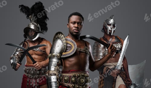 Preview: Black gladiator with naked torso with two comrades