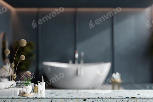 Preview: White marble bathroom tabletop with accessories decor in dark blue tone