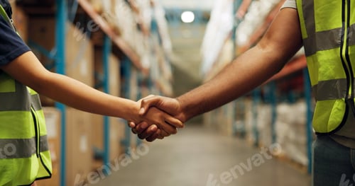 Preview: Handshake, logistics and closeup of people in warehouse with deal, partnership and ecommerce teamwo