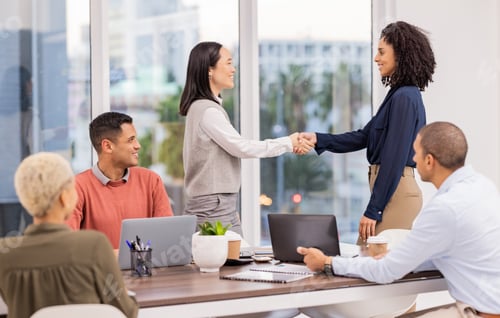 Preview: B2b, black woman or manager shaking hands in meeting or startup project partnership or business dea