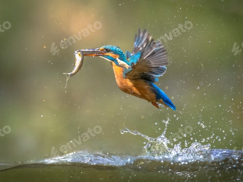 Preview: Common European Kingfisher Flying with fish catch