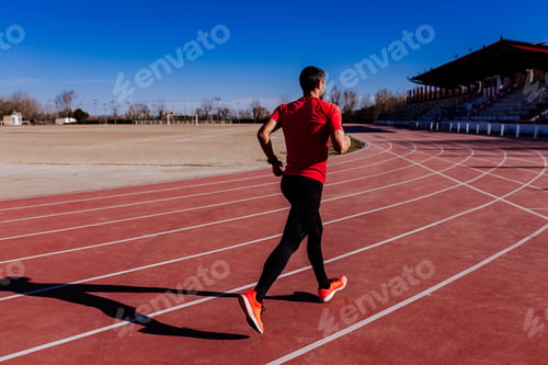 Preview: young athlete man running in the lanes. Daylight. Sports concept