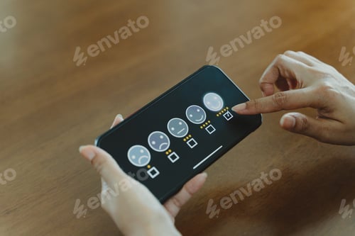 Preview: Customer review good rating concept hand pressing smile face icon and five star on visual screen for
