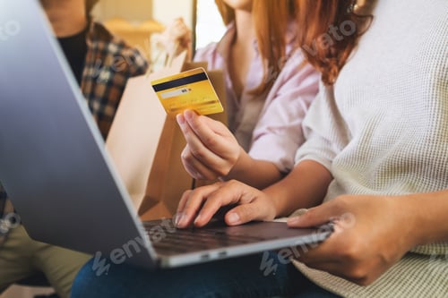 Preview: Group of young people using laptop and credit card for shopping online together