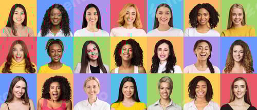 Preview: Collage set of emotional diverse multicultural women