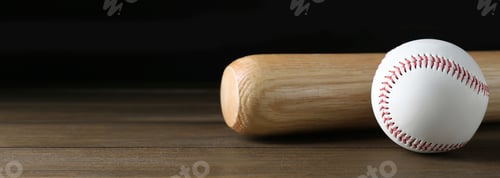 Preview: Baseball bat and ball on wooden table, space for text. Banner design