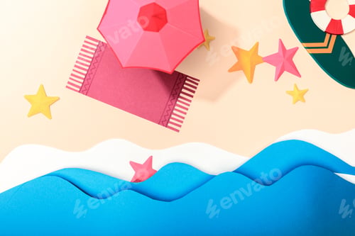 Preview: top view of paper beach with starfishes, towel, umbrella and surfboard with lifebuoy on sand near