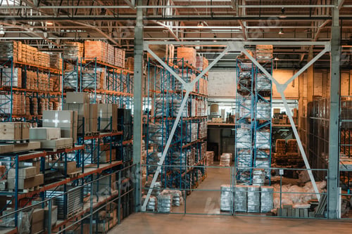 Preview: modern warehouse interior with boxes and containers on shelves