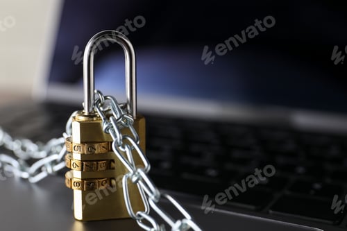 Preview: Cyber security. Padlock with chain on laptop, closeup