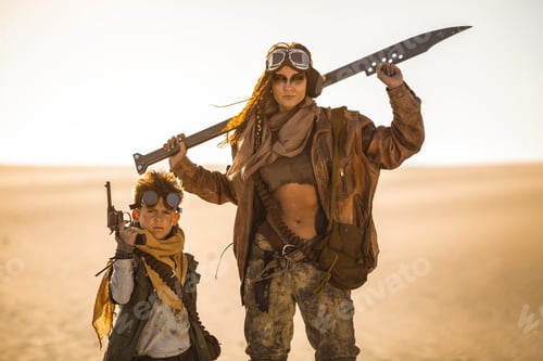 Preview: Post-apocalyptic Woman and Boy Outdoors in a Wasteland