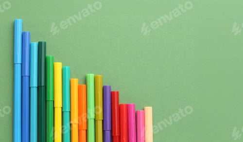 Preview: Coloured bar graph of pencils with an arrow pointing upwards. The concept of growth and progress of business, market.