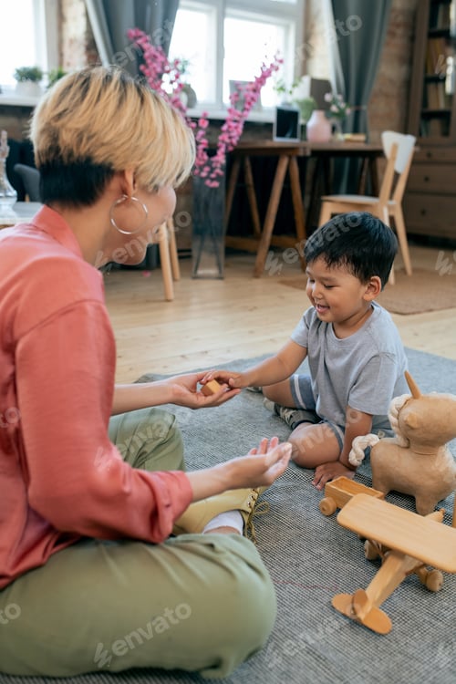 Preview: Cute little boy taking wooden cube held by his mother