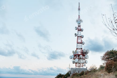 Preview: Telecommunication tower dominating the skyline of genova, italy, at sunset