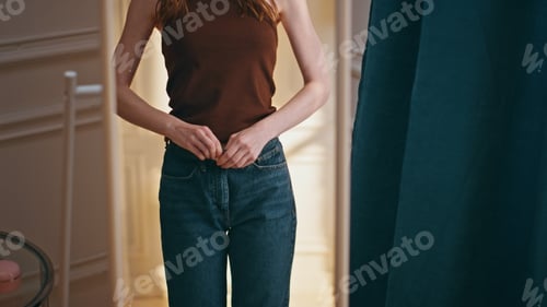 Preview: Female reflection checking weight loss progress. Smiling woman trying big jeans