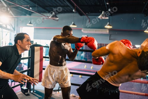 Preview: Gym atmosphere, Two professional fighters posing sport boxing ring. Fighting MMA, Thai Boxing match