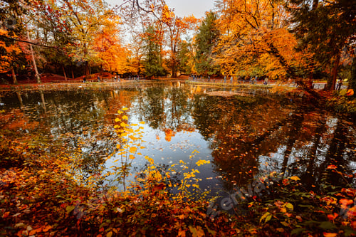 Preview: Lake with tourists covered with colorful leaves during autumn foliage