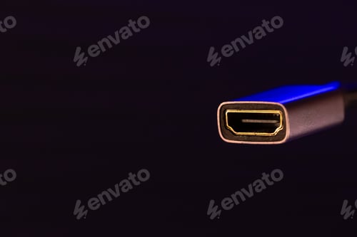 Preview: Macro digital video port in neon light. Connector closeup.