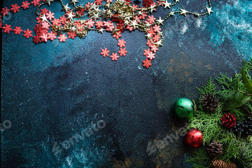 Preview: Christmas Background New Year Toys Spruce And Golden Tinsel Lights And Festive Atmosphere Decoration