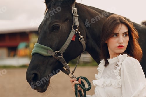Preview: Woman with her horse at outdoors ranch