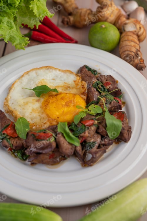 Preview: Stir fried basil liver with fried egg in a white plate.