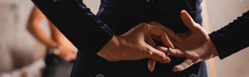 Preview: Panoramic concept of young woman taking off wedding ring behind back with shirtless man at