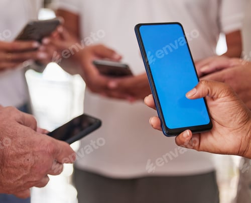 Preview: People, hands and phone mockup in networking, social media or communication together for advertisin