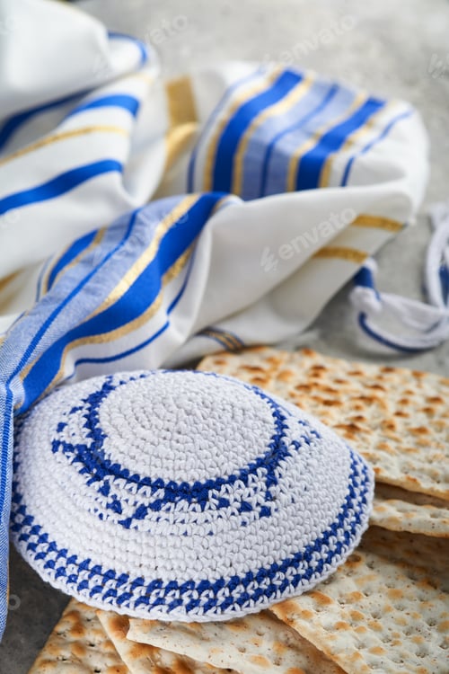 Preview: Passover celebration concept. Matzah, red kosher and walnut. Traditional ritual Jewish bread matzah,