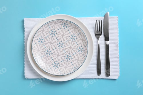 Preview: Stylish elegant table setting on color background, top view