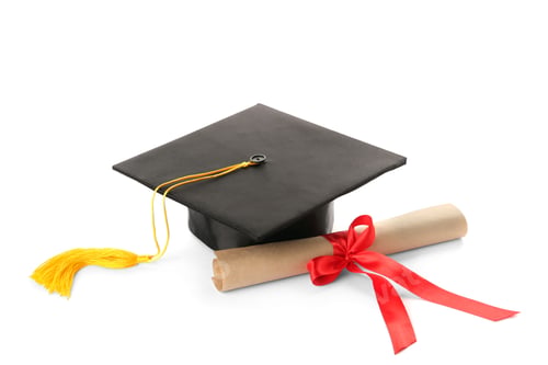 Preview: Graduation hat and diploma on white background