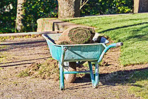 Preview: Stack of rolled grass sod for lawns and gardening in green garden wheelbarrow outside