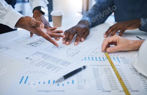Preview: Hands, architecture and planning with an architect, engineer and builder meeting and in discussion